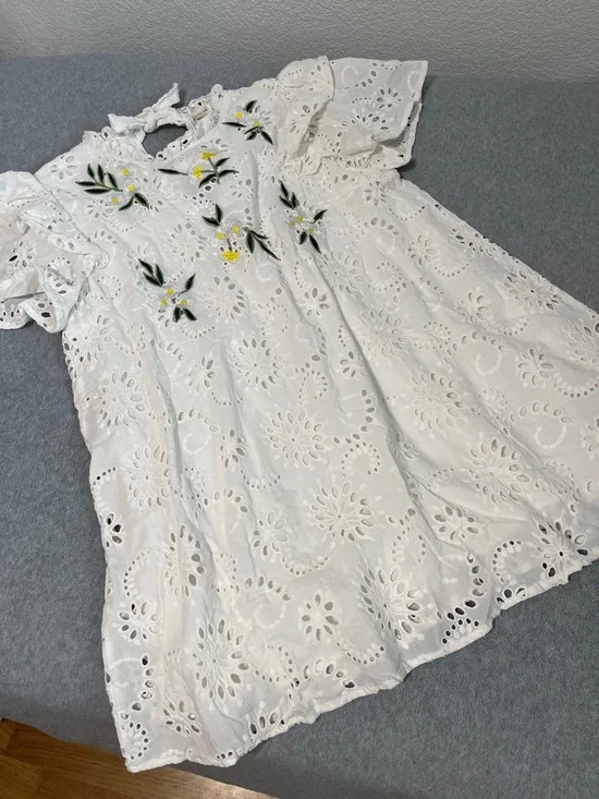 Cottagecore Fairy White Ruffle Mini Dress Large Embroidered Eyelet Kawaii - Picture 1 of 11